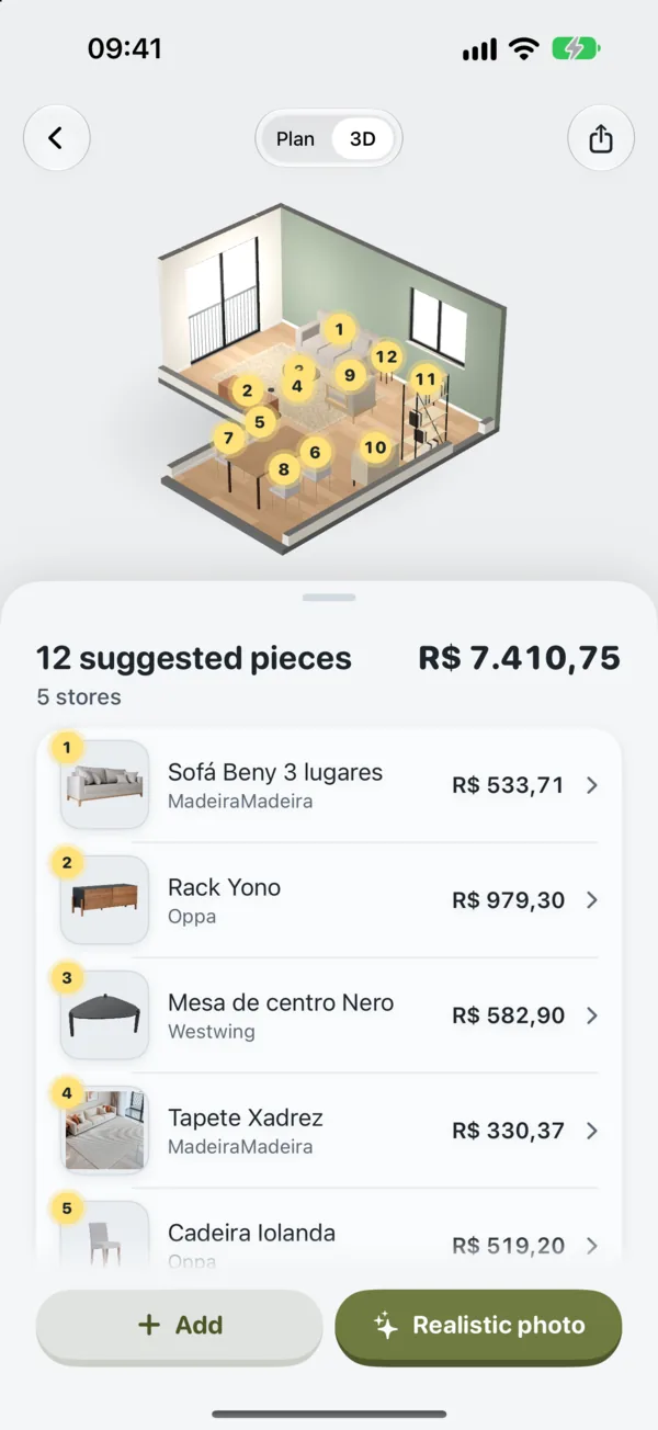 A proposal in the app: the room in 3D with numbered pieces and a list with the photo, store, and price of each one